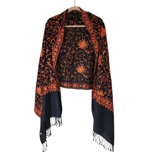 Embroidered Kashmiri Pashmina Stole Wrap Thin Wool Black & Orange